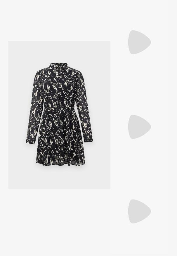 Robe chemise à manches longues noire et blanche à motifs, avec un col et une ceinture en tissu assortie à la taille, présentée sur un fond uni.; Bottes hautes en cuir noir jusqu'aux genoux avec bout pointu et talon empilé. Caractéristiques de coutures décoratives et éléments de design courbés.; Sac à main en cuir tressé noir avec poignée courte et bandoulière amovible, présenté sur un fond clair uni.; Boucles d'oreilles en forme d'étoile dorée avec une finition lisse et brillante et un design tridimensionnel, comportant cinq pointes et une texture légèrement incurvée.