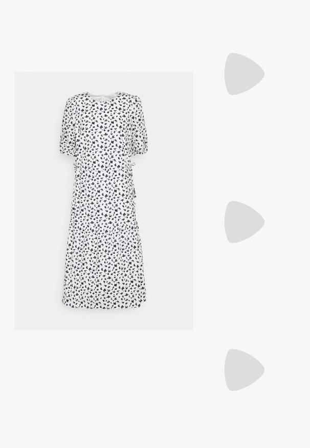 edc by Esprit DRESS - Robe de jour - off-white; Sandale grise en cuir à glissière avec trois bandes découpées, semelle en bois plate et un accent logo doré sur la bande supérieure.; Pochette en cuir souple couleur crème avec un design froncé et une fine bandoulière reposant à l’avant sur un fond uni.; Boucles d'oreilles en argent, de forme circulaire, avec une texture lisse et brillante, et une largeur constante. Design minimaliste sans accents supplémentaires.