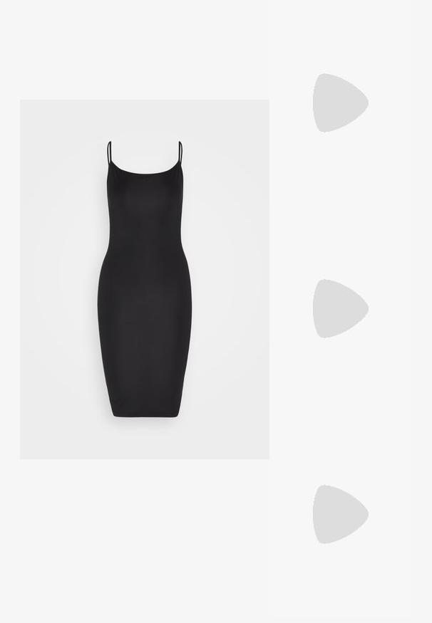 Weekday STRAP KNEE DRESS - Φόρεμα σε ίσια γραμμή - black; Άτομο που φοράει ανοιχτό μπλε τζιν και μαύρα δερμάτινα πλατφόρμα μποτάκια με κίτρινα ραφές σε τσιμεντένιο πάτωμα.; Μαύρα γυαλιά ηλίου με σχήμα γατίσιας ματιού και ματ φινίρισμα, με γκρι φακούς και αιχμηρές γωνίες, καθώς και κομψά μπράτσα. Το όνομα της μάρκας είναι ορατό στο εσωτερικό του μπράτσου.; Ασημένες κρίκοι σκουλαρίκια που περιλαμβάνουν ένα charm σε σχήμα σταυρού και καρδιάς. Λείο, γυαλιστερό υφή με γυαλισμένη φινίρισμα. Κάθε charm κρέμεται από έναν ασφαλή βρόχο.