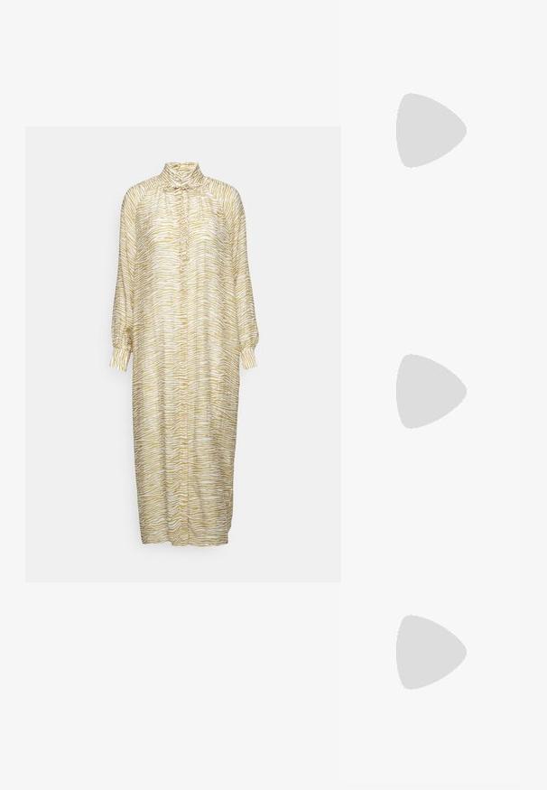 Résumé PHILINERS DRESS - Robe chemise - humus; Sandale à bride arrière en daim fauve avec un bout fermé et un talon épais brillant. Comprend une boucle rectangulaire et une semelle texturée.; Lunettes de soleil rectangulaires marron avec verres dégradés, dotées d'une monture en plastique transparent et de branches fines. Design simple sans aucune marque visible.; Boucles d'oreilles en forme de créoles dorées avec un design ondulé, présentant une surface lisse et brillante ainsi qu'une forme élégante. Sans fermoirs visibles.