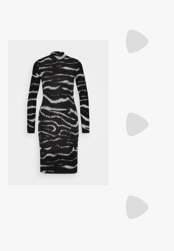 Vero Moda VMLOTTE HIGH NECK DRESS - Day dress - black; Black knee-high boot made of smooth leather with a chunky sole and slight heel. Features pull tabs and elastic side panels for easy wear.; Black synthetic handbag with a curved shape, silver chain strap, zip closure, and embossed brand logo on the front. Smooth texture.; Silver earrings with dangling chains, featuring multiple clear gemstones arranged in a linear pattern, providing a shimmering effect.