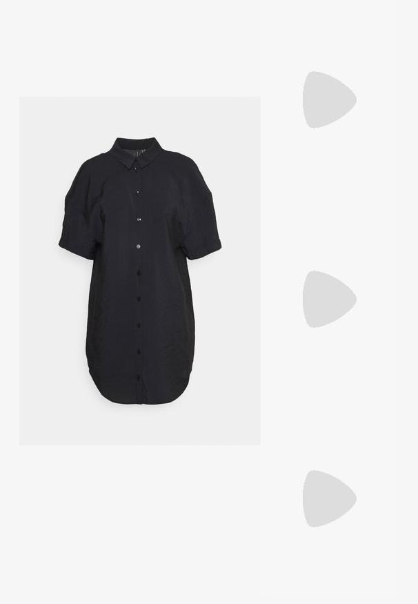 Vero Moda Petite VMQUEENY SHORT SHIRT DRESS - Shirt dress - black; Nike P-6000 sneakers with a light grey mesh upper, black accents, and a durable black rubber sole. Features intricate design and lacing system.; Black cat-eye sunglasses with a matte finish, featuring gray tinted lenses, sharp angles, and sleek side arms. Brand name visible on the inner arm.; Black and silver handbag with a textured surface featuring a diamond pattern, a knotted handle, and a structured shape.