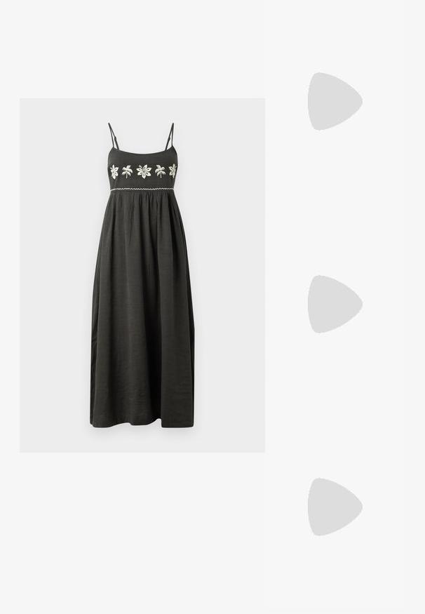 Vestido maxi en gris oscuro con tirantes ajustables, diseño floral bordado en blanco y cintura fruncida para una silueta fluida.; Sandal de tira plana de caucho, tejido en negro y crema, con dos tiras trenzadas cruzadas hechas de un material suave y texturizado.; Bolso de tela negra con un patrón texturizado y tejido. Presenta una forma suave y redondeada y asas cortas y resistentes.; Par de pendientes de aro dorados de tamaño mediano con un diseño texturizado y con cuentas sobre un fondo claro y liso.