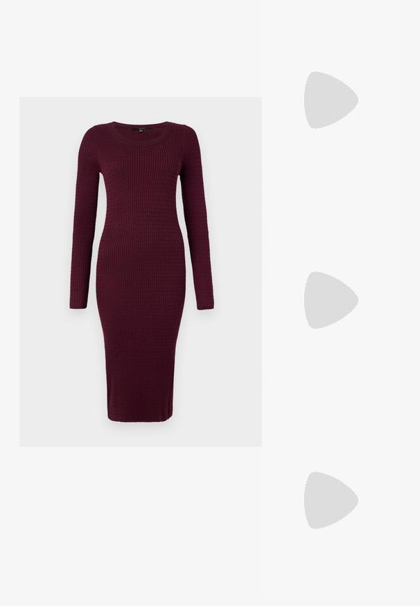 Vero Moda VMSILJE ONECK CABLE  - Strikkjoler - winetasting; Anna Field by Zalando Højhælede støvler - red; Sorte, kantede solbriller med grå linser; lavet af plast, med tykke stænger med en glat overflade og ingen synlig hardware.; Sort læderhåndtaske med et struktureret design, rund tophåndtag og aftagelig skulderrem. Den har en glat tekstur og en subtil glans.