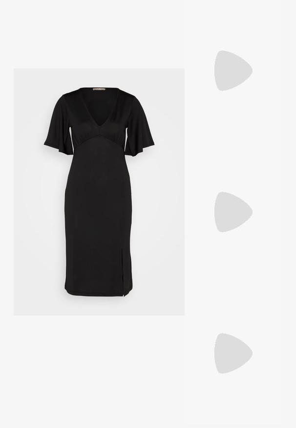 Anna Field Robe en jersey - black; Escarpin noir en daim à talons hauts avec un nez pointu et une silhouette élégante. Présente un talon fin et une texture lisse. Design classique.; Porte-monnaie noir en daim avec une finition texturée, doté d'une chaîne dorée et d'un design épuré et angulaire.; Boucles d'oreilles dorées avec un long tige droite, mettant en avant une perle ronde et une forme géométrique en diamant pendante.