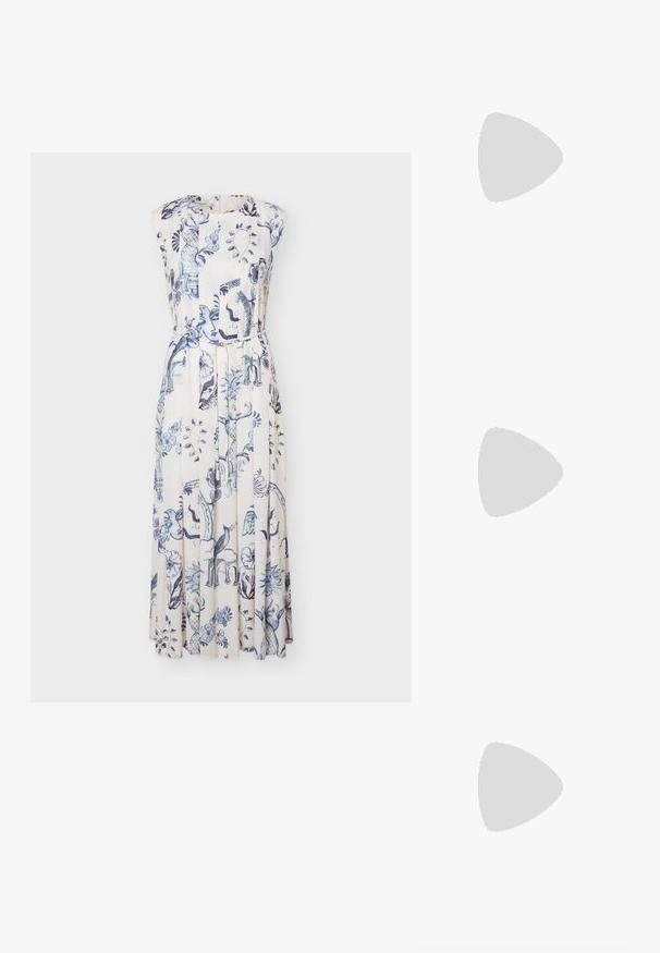 Ærmeløs hvid midi-kjole med blå blomster- og abstrakt mønster, rund halsudskæring og et stofbælte i taljen.; Beige slidesandaletter med åben tå, flad sål og dekorative metallkædeaccenter på stroppen. Glat materiale med minimal tekstur.; Beige skuldertaske med perforeret blomstermønster, klaplukning, rektangulær form og justerbar rem.; Sæt af fem guldøreringe med forskellige designs: snoede, ribbede og glatte overflader i hoop- og halvmåneformer.