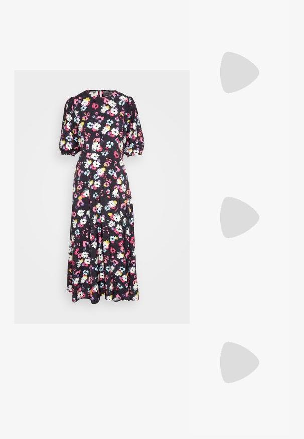 ONLY ONLMELISA LIFE MIDI DRESS - Hverdagskjole - sky captain; Sort loafersko med en kraftig platformsål, glat læderoverdel, dekorativ kædeaccent og let hæl med notched detalje.; Sorte, kantede solbriller med grå linser; lavet af plast, med tykke stænger med en glat overflade og ingen synlig hardware.; Sort rektangulær skuldertaske med en enkelt justerbar rem og lynlås i toppen på en ensfarvet baggrund.