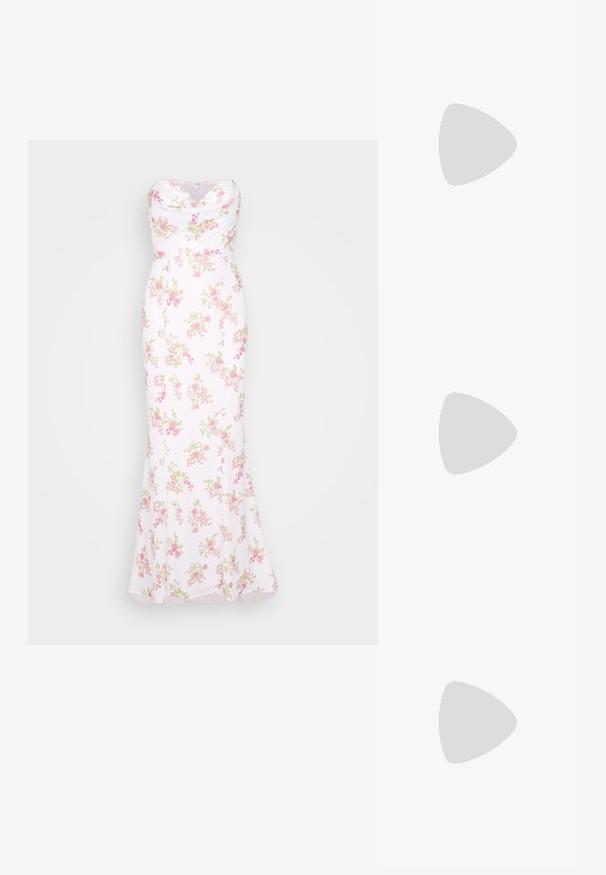 Trägerloses weißes Kleid mit pinkem und grünem Blumenmuster, eng anliegendem Oberteil und langem, fließendem Rock.; Weiße Sandale mit hohem Absatz, Knöchelriemen und offenem Zehenbereich, mit dünner goldener Schnalle und schlankem Stilettoabsatz.; Weiße Handtasche mit Krokodileffekt, goldenen Beschlägen, einem oberen Griff und einem abnehmbaren Schulterriemen; verfügt über einen Schlossverschluss und ein minimalistisches Design.; Silberne Creolen mit einer welligen, unregelmäßigen Textur. Besitzen eine dünne, kreisförmige Form und eine reflektierende Oberfläche.
