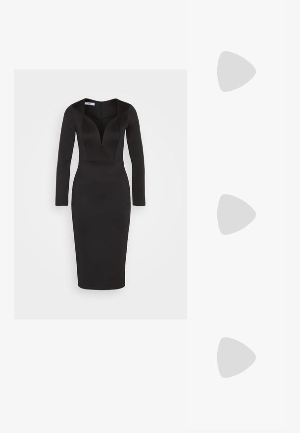 WAL G. ZANAD V NECK MIDI - Jerseykjole - black; Sorte ruskind højhælede sko med spids tå, ankelrem og stiletto hæl. Designet har en glat tekstur med minimal detaljer.; Sort clutch taske lavet af ruskind med en struktureret overflade, udstyret med en guld kædestrop og et elegant, kantet design.; Guldtonede hooop øreringe med en glat, rund form og en poleret finish. Har orange detaljer på bagsiden for sikker fastgørelse.