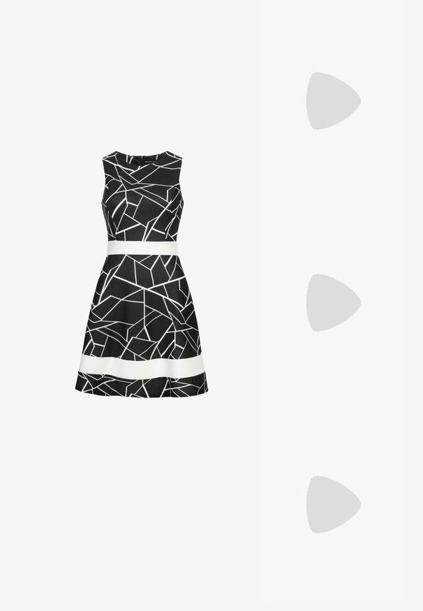 Robe sans manches noire avec un motif géométrique blanc et une ceinture blanche contrastante à la taille. Tissu lisse et design de jupe évasée.; RAID CANNON - Bottes à plateau - white; Lunettes de soleil noires style œil de chat avec des montures épaisses et des verres teintés foncés, présentées sur fond blanc.; Petit sac à main blanc avec poignée supérieure, bandoulière amovible et fermoir rectangulaire doré sur la rabat avant.