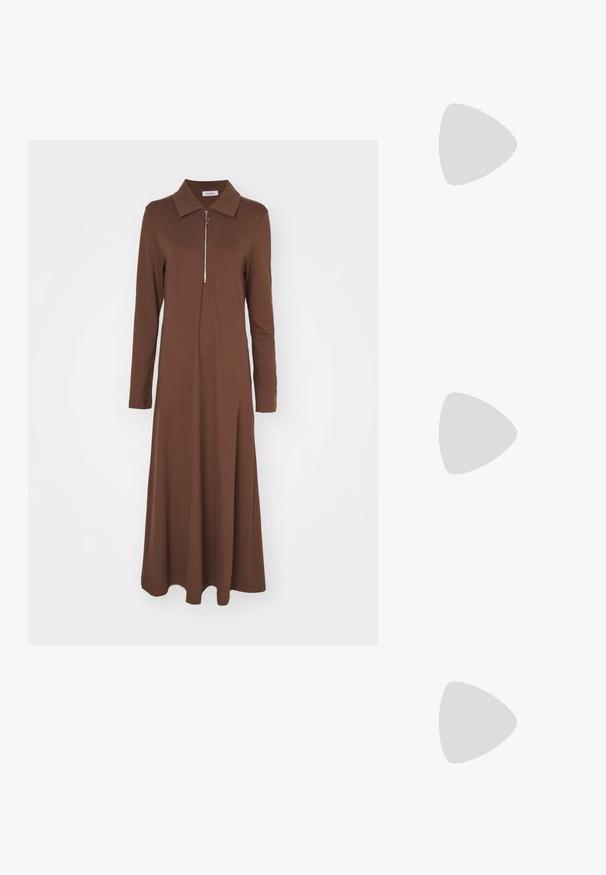 Brun langærmet kjole med en struktureret krave og en lynlås foran. Lavet af et glat stof, har en afslappet pasform og en flydende skørt.; Beige læderpumps med en rund tå og en sort patenthætte, med en blokhæl og glat tekstur.; COACH Håndtasker - chestnut; Guldringeøreringe med en glat, buet form og poleret overflade. Udstyret med en lukkeanordning og lette fordybninger for detaljer.