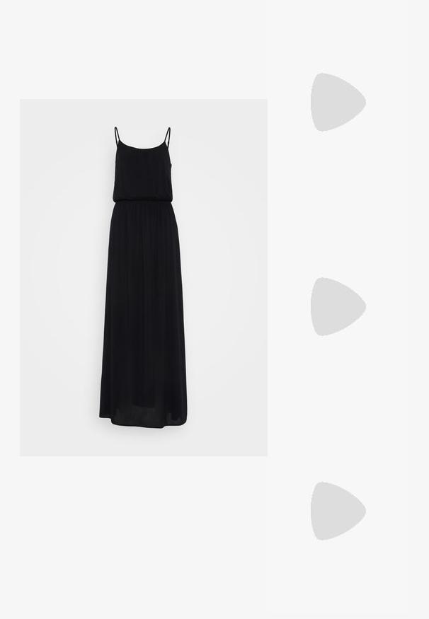 Zwarte maxi-jurk met dunne spaghettibandjes, gerimpelde taille en vloeiende rok van lichtgewicht stof. Gladde textuur zonder patronen.; Zwarte leren slingback ballerina met spitse neus, voorzien van twee horizontale bandjes en vierkante zilveren gespen, lage hak en een gladde textuur.; Witte nepleren handtas met een gestructureerde driehoekige vorm, een enkele verstelbare schouderriem en een klep met ronde accenten.; Zilveren oorringen met een dun, glad ontwerp; langwerpige ovale vorm; gepolijste afwerking; voorzien van een veilige haaksluiting.