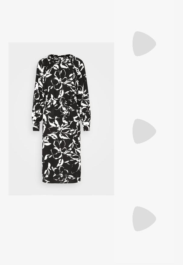 Vero Moda VMPOLLIANA INGE CALF DRESS  - Robe de jour - black/polliana; Sandales noires à talons avec plusieurs fines lanières et un large talon carré. Design élégant avec une texture mate. La semelle intérieure a une légère courbure.; Sac à main en cuir noir de forme triangulaire, avec un rabat incliné et une poignée supérieure arrondie. Il présente une texture lisse et des détails de design minimalistes.; Boucles d'oreilles en argent avec une finition polie, présentant une forme circulaire et une fermeture à charnière. Texture lisse avec un minimum de détails.