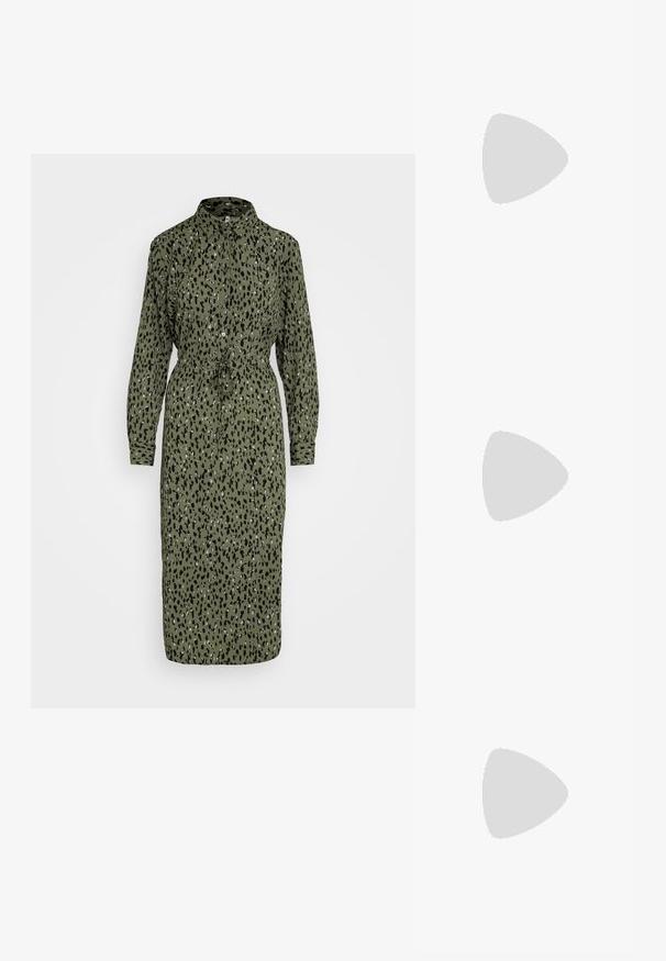JDY JDYSORO MIDI SHIRT DRESS - Särkkleit - mulled basil; Bežid sametist cowboy saapad, millel on terav varvas ja veidi tekstureeritud siluett. Omavad dekoratiivset õmblust ja madalat puitu.; Pehmea tekstuuriga vooderdatud roheline õlavöökott, ristkülikukujuline, ühe rihmaga ja kuldse tõmblukuga. Omab tikandmustrit.; Hõbedased rõngaskõrvarõngad, millel on lainejoonega ebaühtlane tekstuur. Omavad õhukest, ümmargust kuju ja peegeldavat pinda.