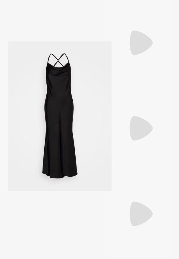 Jarlo BIBI - Gallakjole - black; Sorte patentlæder højhælede sko med spids tå, ankelrem og slank stiletthæl. Glat tekstur med skinnende finish.; Sort velour clutch med guldfarvede detaljer, rektangulær form og kædestrop, der har en glat tekstur og ingen synlige mønstre.; Guldtonede dråbeøreringe med en række klare rhinsten langs kanterne og en rund rhinsten foroven.