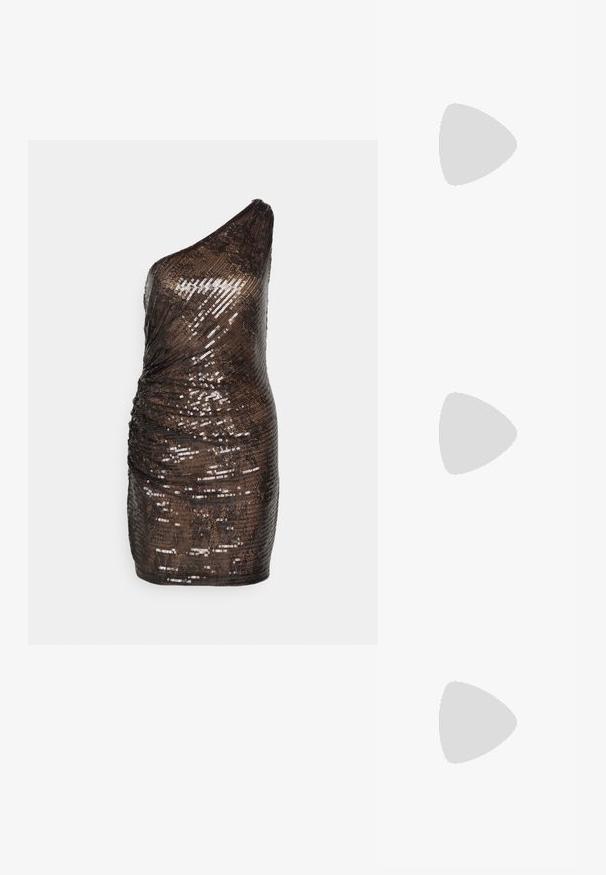 Halston SHYLA DRESS IN SEQUIN - Cocktailkjole / festkjole - umber; Hæle sandal med multikolor, tekstureret slangeprint. Har justerbare ankelremme og en spids tådesign.; Loeffler Randall SERENA - Clutches - gold-coloured; Guldøreringe designet som kaskader af blade, med detaljerede bladmønstre og en skinnende metallisk finish. Letvægts med en delikat struktur.