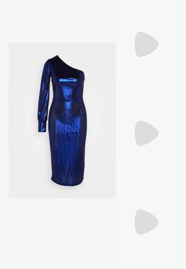 WAL G. HALI ONE SLEEVE MIDI - Cocktailkjole - electric blue; Sorte semskede høyhælte sko med spiss tå, ankelrem og stiletthæl. Designet har en glatt tekstur med minimal detaljer.; Gullfarge metallisk clutch-veske med en strukturert design, som har diagonale sømmer og en gullkjede-reim. Inkluderer en metallaccent-bar på forsiden.; Pieces PCCAROLINE EARRINGS - Øredobber - gold-coloured/pink
