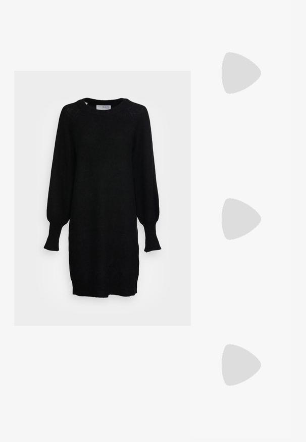 Selected SLFLULU DRESS O NECK - Robe pull - black; Botte noire montante, en cuir lisse, avec un talon épais, un bout rond, une semelle texturée avec adhérence, au design élégant sans embellissements.; Lunettes de soleil rectangulaires noires avec des verres teintés foncés, monture en plastique épaisse et branches larges. Surface lisse et design angulaire.; Sac à main structuré noir en cuir avec une poignée supérieure, une bandoulière détachable et un détail à rabat à l'avant. Accents en matériel doré.