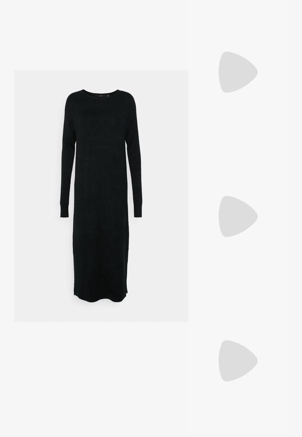 Vero Moda Tall VMLEFILE BOATNECK CALF DRESS  - Denné šaty - black; Čierna kožená členková topánka s špicatou špičkou, elegantným siluetou a masívnym štvorecovým podpätkom. Hladký povrch s minimálnymi švovými detailmi.; Čierna kabelka z umelého kožušiny s jemnou textúrou, zaobleným tvarom a pevným čiernym koženým ramenným popruhom. Viditeľné akcenty zo strieborného kovu.; Zlaté kruhové náušnice s hladkým, zaobleným tvarom a lesklým povrchom. Majú oranžové akcenty na zadnej strane pre bezpečné zapínanie.