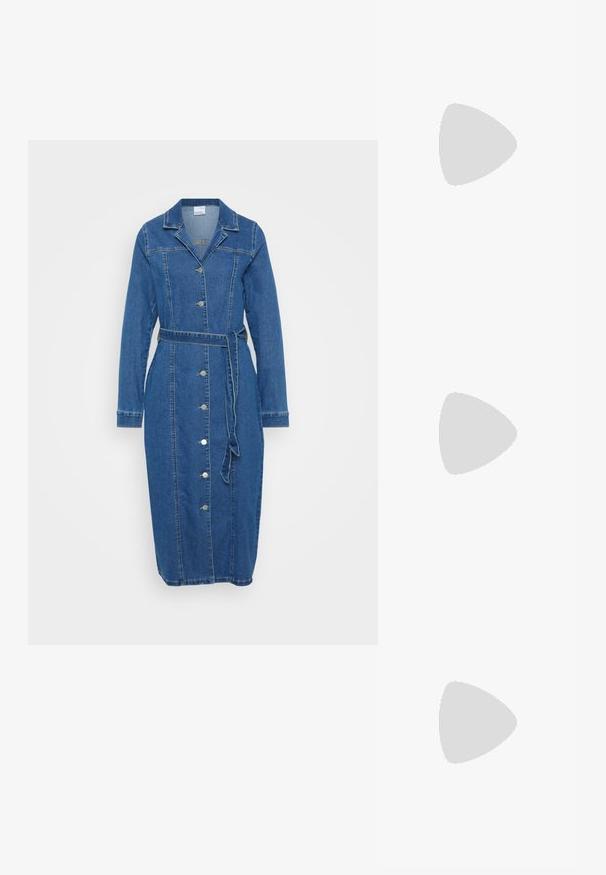 Denimmekko, jossa on pitkät hihat, napitettava etuosa, kaulus, vyötäröllä vyö ja polvenpituinen leikkaus. Ominaisuuksiin kuuluu keskisininen väri ja näkyvät tikit.; Musta nahkakengät cowboy-tyyliin, joissa on terävä kärki, matala pinottu korko ja monimutkainen kohokuvioitu lehtimäinen kuvio varressa. Ylhäällä on silmäkumi helppoa pukemista varten.; Mustat kissansilmäaurinkolasit, joissa on matta pinta, harmaansiniset linssit, terävät kulmat ja tyylikkäät sivuvarret. Brändin nimi näkyy sisävarsissa.; Mustasta punotusta nahasta valmistettu clutch-laukku, jossa pyöreä muoto, läppäkiinnitys ja irrotettava olkahihna. Sileä pinta, jossa kohokuvioituja kuvioita.