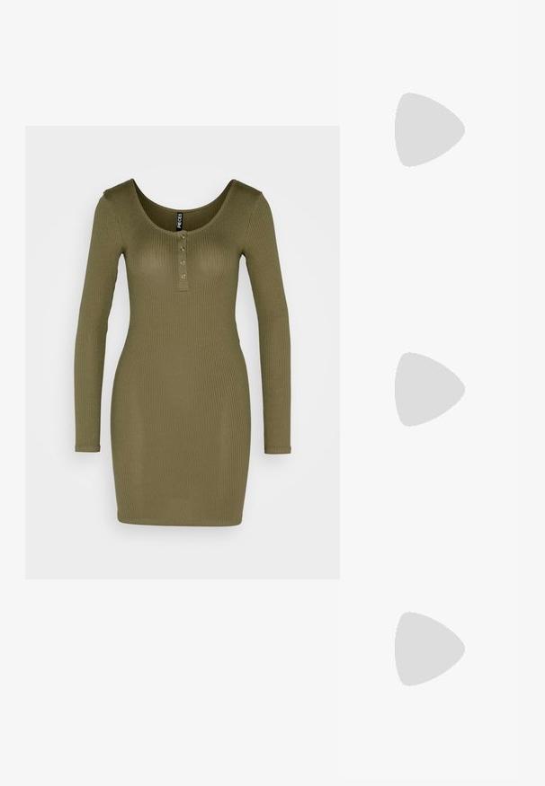 Pieces PCKITTI DRESS - Jerseykleid - deep lichen green; Even&Odd by Zalando Plateaustiefel - black; Braune Schildpatt-Sonnenbrille mit einer Vintage-Cat-Eye-Form und braunen Gläsern. Verfügt über gebogene Bügel mit roten Akzenten.; Schwarze Handtasche aus strukturiertem Leder mit eingeprägtem Logo-Design, einem einzelnen Kettenriegel und abnehmbarem Gurt, mit Reißverschluss.