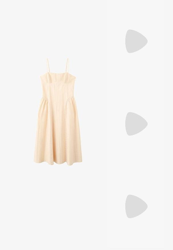 Beige ærmeløs midikjole med tynde stropper, tætsiddende overdel og skørt med let lodrette blonder.; Flad sandal med beige sål og metallisk roseguld flettede remme, udstyret med en tåkappe og hælrem for sikker pasform.; Sorte rektangulære solbriller med tykke stel og brune tonede linser, vist forfra på en hvid baggrund.; Rektangulær beige flettet håndtaske med én flettet hank og en lynlåslukning øverst.