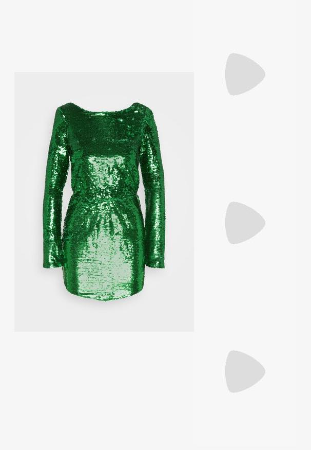 NA-KD SEQUIN DETAIL DEEP BACK MINI DRESS - Koktélruha / Partiruha - green; Fekete, térdfelettig érő csizmák puha velúrból, vastag, magas sarkúval és karcsú, testhezálló kialakítással, kerek orral.; Fekete napszemüveg keskeny, szögletes kerettel, sötétített lencsékkel és dombornyomott logóval a szárán. Simább matt felület.; Kompakt fekete kézitáska ezüstös strasszkövekkel borítva, felső fogantyúval, dupla cipzárral és vékony ezüst láncszíjjal.