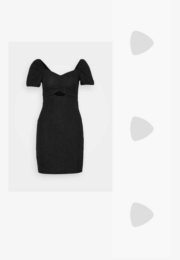 Sorte bodycon kjole med puffærmer, rynket forside og udsparing under brystet. Lavet af struktureret, strækbart stof.; Sort slingback-sko med spids tå, glat materiale, sølvøje-tilbehør og en spænde-rem. Flad sål med minimal mønster.; Sort rektangulær skuldertaske med en enkelt justerbar rem og lynlås i toppen på en ensfarvet baggrund.; Sølv hoop øreringe med et kors og hjerte charm. Glat, skinnende tekstur med en poleret finish. Hver charm hænger fra en sikker løkke.