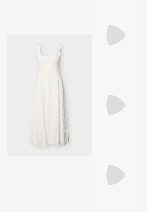 Valge varrukateta maxi-kleit ruudukujulise kaeluse ja vertikaalsete dekoratiivsete õmblustega, riputatud ühtlase hele tausta vastu.; Pretty Ballerinas MURABI - Kannarihmaga baleriinad - brown; Väike roheline ja helelilla lillemustriga kangast käekott ühe käepidemega, esiküljel tekst "marimekko".; Kullavärvi papagoikujulised kõrvarõngad roheliste, roosade, mustade ja iirisevärviliste rhinestone'idega ning tähetolmu-kinnitusdetailidega.