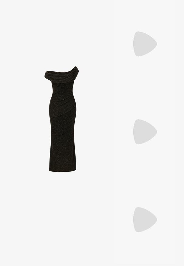 Robe de soirée noire, décolletée épaule dénudée avec encolure drapée et texture subtilement scintillante, silhouette ajustée s'étendant jusqu'à mi-mollet.; Sandales à plateforme noires avec un talon épais, en daim, avec un design avant noué et une lanière de cheville ajustable avec une boucle en métal.; Pochette dorée de forme rectangulaire, recouverte de strass argentés brillants. Dotée d'une fine bandoulière métallique et d'une fermeture éclair.; Paire de boucles d’oreilles ton argent avec cristaux clairs taillés en grappes, en formes rondes et marquise sur fond blanc.