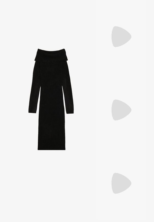 Sort ribbet strik kjole med off-the-shoulder design, lange ærmer og figursyet silhuet. Den teksturerede stof tilføjer dybde til designet.; Sort knælang støvle lavet af glat læder, med spids tå og trekantet hæl. Designet med en strømlinet, glat overdel.; Even&Odd Solbriller - black; Sort skinnende læderhåndtaske med to håndtag, lynlåslomme foran og aftagelig skulderrem på hvid baggrund.