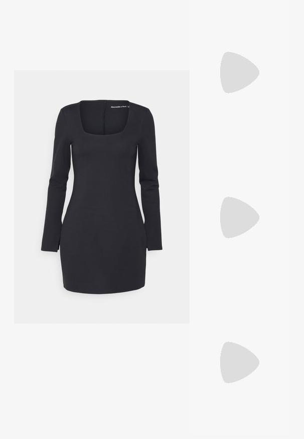 Abercrombie & Fitch SPLIT CUFF PONTE SHORT DRESS - Robe en jersey - black sparkle; Bottes de cowboy en cuir noir avec bouts pointus, coutures décoratives et talons blocs inclinés portées par une personne.; Lunettes de soleil noires en forme d'œil de chat avec une finition mate, dotées de verres teintés gris, d'angles aigus et de branches élégantes. Nom de la marque visible sur la branche intérieure.; Sac à main en cuir noir de forme triangulaire, avec un rabat incliné et une poignée supérieure arrondie. Il présente une texture lisse et des détails de design minimalistes.