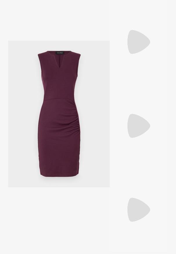 Anna Field SLEEVELESS HIGH V NECKLINE DRESS - Vabalt langev kleit - bordeaux; Mustad nubukist platvormi kõrged kontsad, millel on paks plokknina, ümmargune varvas ja pahkluu rihm, mis on kinnitatud metallist sanga abil. Ühtlane sile tekstuur.; Mustast nahast ümmarguse kujuga käekott, kaunistatud hõbedaste naeladega, lühikese sangaga. Sile tekstuur ja tõmblukuga sulgemine.; Hõbedased tähtkujulised kõrvarõngad, millel on poleeritud, sile pind. Iga kõrvarõnga puhul on viie tipuga ja peene pindade tekstuuriga detailid.