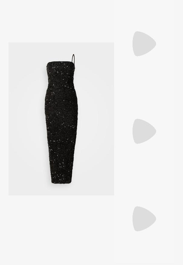 Jarlo CLEMENT - Robe de cocktail - black; Sandale argentée à talons hauts avec plusieurs brides ornées de strass, design ouvert à l'avant et boucle à la cheville. Fini métallique lisse.; Pochette noire en mesh avec une silhouette structurée, ornée de petits clous métalliques, dotée d'une fermeture à clip et d'une bandoulière en chaîne détachable.; Boucles d'oreilles en métal argenté ornées de plusieurs pierres précieuses en cristal transparent en forme de goutte et de marquise, avec des fermoirs à levier et des détails complexes.
