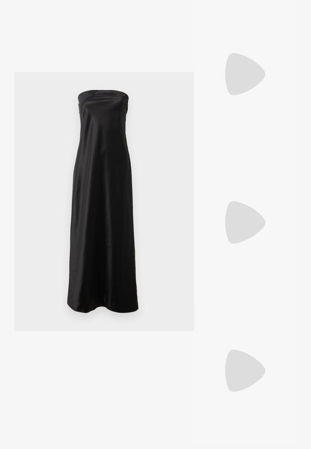 Vestido largo sin mangas de satén negro, con un diseño sencillo, textura suave y silueta fluida.; Par de tacones altos de charol negro brillante con punta afilada, tacones de aguja y forro interior color beige sobre fondo blanco.; Bolso de mano tipo clutch ovalado negro con superficie lisa, correa de cadena dorada y cierre redondo negro y dorado en la parte superior sobre un fondo blanco.; Pendientes colgantes en tono dorado con un diseño de racimo que incluye cristales claros en forma redonda y de lágrima, mostrando un detallado intrincado.
