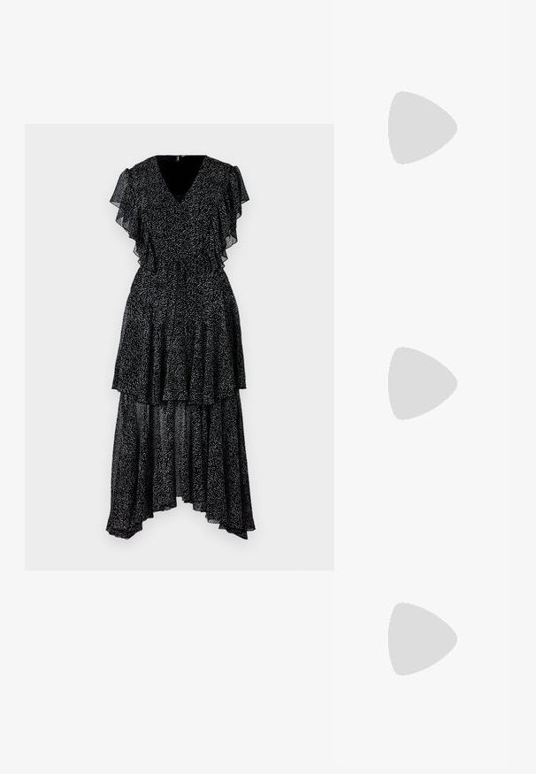 Zwarte jurk met lagen ruffles aan de mouwen en een V-hals. Kenmerkt zich door een stippenpatroon, een high-low zoom en een getailleerde taille. Lichtgewicht stof.; Zwarte hoge hakpumps met een spitse neus, gemaakt van glad leer, met een slank ontwerp en een dunne, cilindrische hak.; Beige leren totebag met twee lange schouderbanden, een getextureerd oppervlak en een minimalistisch design. Heeft een open bovenzijde en zijstrikken.; Kleine zilveren oorbellen in de vorm van een strik, versierd met transparante en zwarte strasstenen, op een effen witte achtergrond.