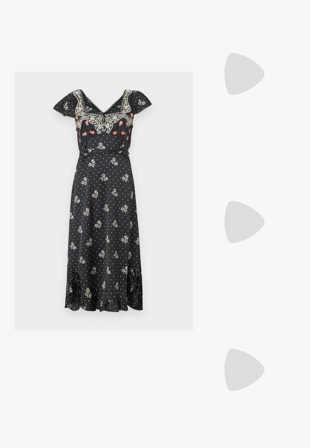 Vestido midi negro con estampados florales y de lunares. Cuenta con escote en v, mangas cortas con volantes y un dobladillo con volantes. Hecho de tela ligera.; Sandalias planas negras con tiras trenzadas y un acento metálico. Presentan una hebilla ajustable y una suela de goma plana para mayor comodidad.; Gafas de sol negras en forma de ojo de gato con lentes gris oscuro, marco de plástico elegante, esquinas puntiagudas y patillas rectas. Sin herrajes ni acentos visibles.; Pequeño bolso negro brillante con dos asas largas y detalles de cordón lateral sobre un fondo claro liso.