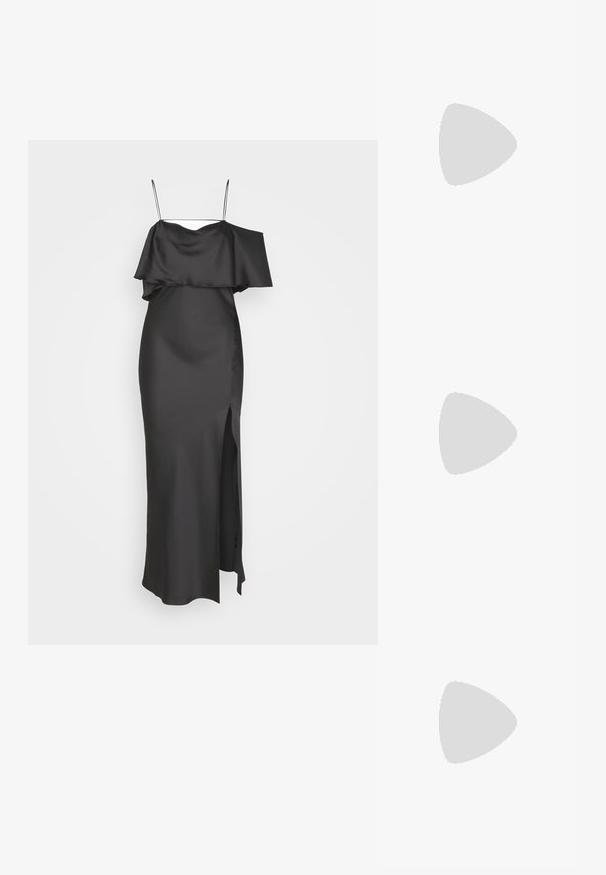 Weekday ELIA OFF SHOULDER DRESS - Oblečenie na špeciálnu príležitosť - anthracite grey; Čierna lakovaná kožená vysoká topánka s špicatou špičkou, remienkom okolo členka a štíhlým stiletto podpätkom. Hladká textúra s lesklým povrchom.; Čierna kabelka pokrytá obdĺžnikovými striebornými cvočkami, s dvoma čiernymi ušami a štruktúrovaným, obdĺžnikovým tvarom. Pevný základ.; Dlhé strieborné náušnice s množstvom priehľadných, fasetovaných kryštálov v kaskádových pramienkoch rôznych dĺžok a tvarov.