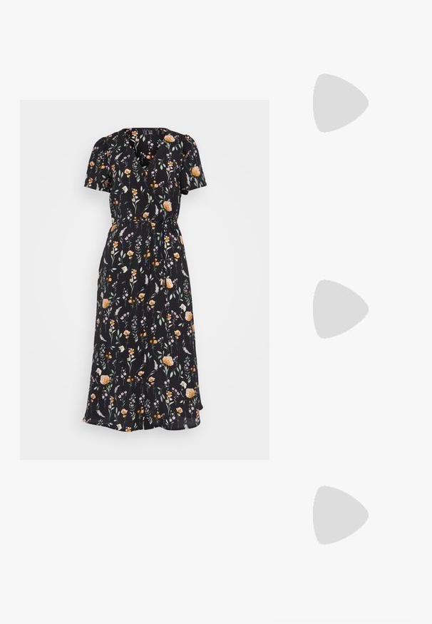 Mustade lilledega särk, millel on lühikesed varrukad; omaduseks on oranžide, roosade ja roheliste lillemuster; vöökoht on seotud vööga.; Must must nahk slingback tasase jala king, terav nina, millel on kaks horisontaalset rihma ja ruudukujulised hõbedased sanga, madal konts ja sile tekstuur.; Pieces PCALUANA SHOULDER BAG - Käekott - black; Hõbedased rõngaskõrvarõngad, millel on lainejoonega ebaühtlane tekstuur. Omavad õhukest, ümmargust kuju ja peegeldavat pinda.