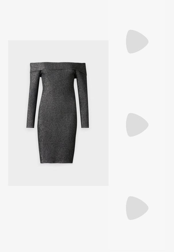 Sort off-shoulder kjole med lange ærmer, lavet af skinnende stof, tætsiddende design, knælang, glat tekstur.; Røde ankelstøvler i patenteret læder med en kraftig sort hæl og lynlåsdetalje. Glat tekstur, elegant design med en rund tå.; Sort rektangulær skuldertaske med en enkelt justerbar rem og lynlås i toppen på en ensfarvet baggrund.; Par mellemstore skinnende sølv hoops øreringe med tynde metal spænder på en lys neutral baggrund.