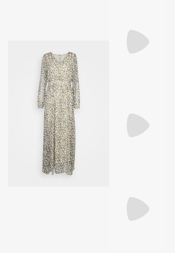 ONLY ONLADELE LIFE DRESS - Maxikleid - sandshell; Beige Wildleder-Ankle-Boots mit einer spitzen Zehenpartie und metallicfarbenem Absatz, kombiniert mit hellblauen hochgekrempelten Jeans.; Weiße Kunstleder-Handtasche mit einer strukturierten dreieckigen Form, einem verstellbaren Einzelgurt und einem Klappenverschluss mit geschwungenen Akzenten.; Goldfarbene Creolen mit einer glatten, polierten Oberfläche. Sie haben eine halbkreisförmige Form und einen sicheren Stiftverschluss.