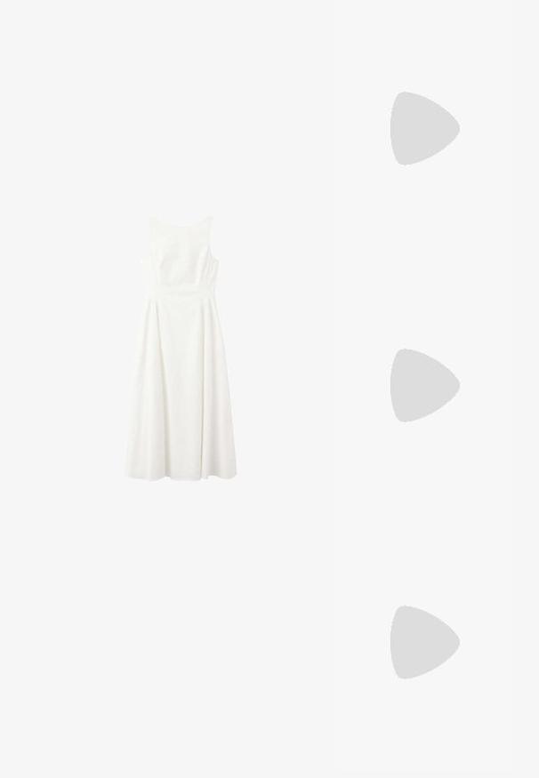 Witte mouwloze midi-jurk met nauwsluitend lijfje en uitlopende rok, afgebeeld tegen een effen witte achtergrond.; Enkele lichtbeige rubberen teenslipper met een getextureerd voetbed en Y-vormige band op een effen grijze achtergrond.; Crème-kleurige zonnebril met ovale lenzen, bruin getint, met een glanzende afwerking en subtiele "Vogue" branding aan de zijkant.; Beige geweven clutch met een afgeronde bovenrand en een zachte, gestructureerde buitenkant, getoond tegen een witte achtergrond.