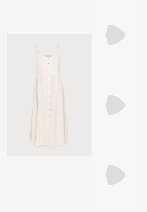 Vestido de lino color beige claro con tirantes finos, un frente abotonado y una falda fluida. Presenta un diseño sencillo y una textura natural.; Sandalias deslizantes beige con dos correas ajustables y hebillas en tono dorado. Plantilla de corcho con una suela exterior de goma blanca texturizada.; Gafas de sol redondas con lentes de gradiente marrón, una montura de acetato carey y acentos de metal dorado en el puente y las patillas.; Pendientes de aro en tono dorado que presentan dos círculos entrelazados con un acabado texturizado. Diseñados con un respaldo liso y seguro.