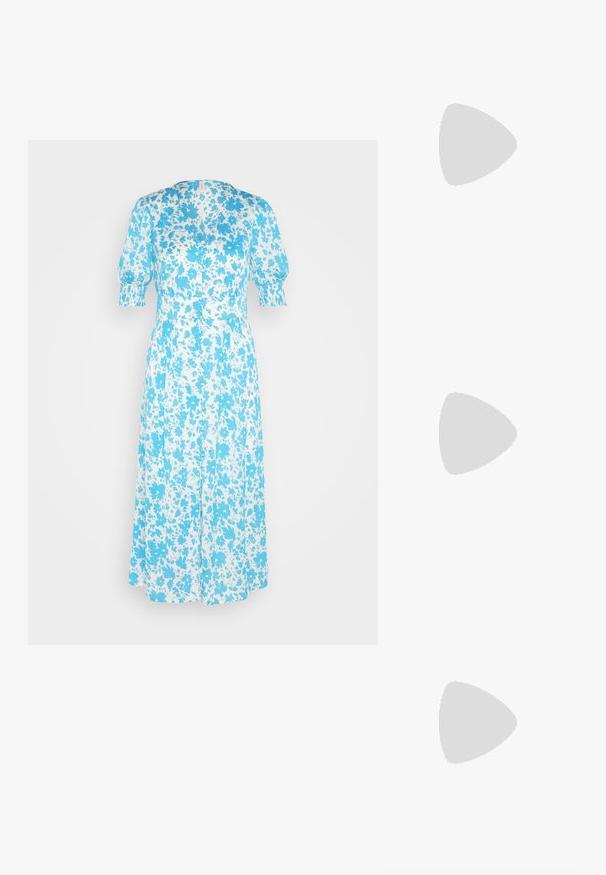 ONLY ONLRIKKA V NECK MIDI DRESS - Blousejurk - cyan blue; Witte leren slingback pump met een spitse neus, middelhoge blokhak en verstelbare strap. Gladde textuur; minimalistisch ontwerp.; Zachte, crèmekleurige leren clutch met geplooid, gerimpeld ontwerp en een dunne schouderriem die vooraan op een effen achtergrond ligt.; Goudkleurige oorbellen in de vorm van abstracte handen, met een glanzend oppervlak, ingewikkelde details en een zilver- en goudkleurige post voor een veilige bevestiging.