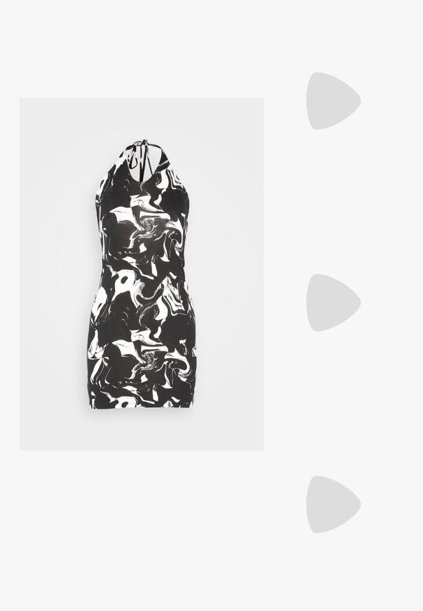 Monki Robe en jersey - black; Claquette grise plate avec semelle texturée et fines brides en Y, vue de profil sur un fond clair uni.; Lunettes de soleil noires en forme d'œil de chat avec des verres gris foncé, monture en plastique élégante, coins pointus et branches droites. Pas de métal visible ni d'accents.; Sac d'épaule rectangulaire noir avec une sangle réglable unique et une fermeture éclair supérieure sur un fond uni.
