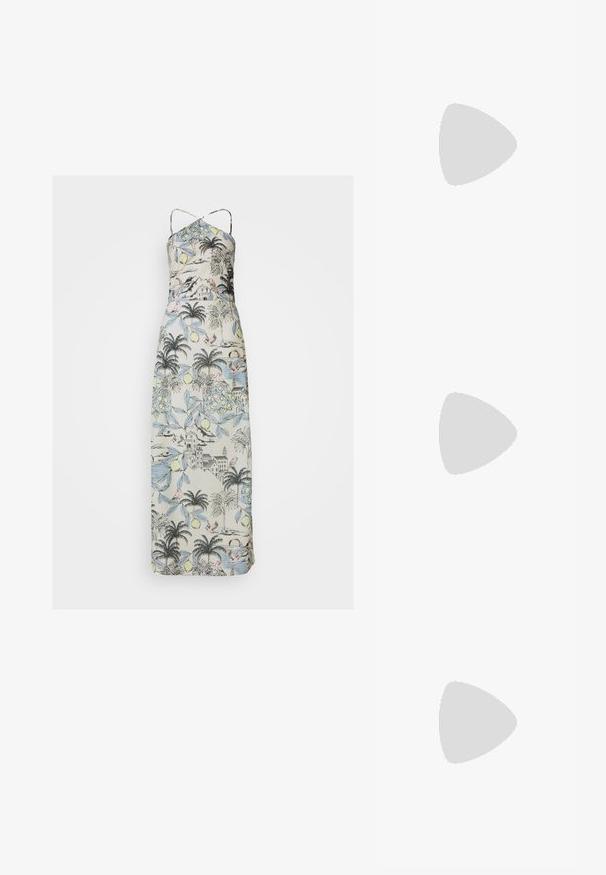 Vestido maxi con tirantes finos, que presenta una tela de tono claro adornada con un estampado botánico y paisajístico en colores pastel.; Chancla negra de goma con suela texturizada y correa en forma de Y, mostrada en vista lateral sobre un fondo liso y claro.; Gafas de sol negras en forma de ojo de gato con lentes gris oscuro, marco de plástico elegante, esquinas puntiagudas y patillas rectas. Sin herrajes ni acentos visibles.; Pendientes de aro de oro con un diseño texturizado y pequeñas cuentas redondas distribuidas uniformemente alrededor del aro. Construcción de metal ligera.