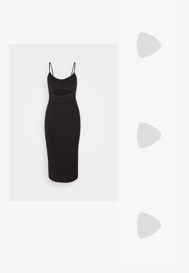 WAL G. KATE CUT OUT MIDI - Jerseykjole - black; Neon grøn højhælede sandal med firkantet tå, tynde stropper, ankelspænde og buet hæl. Glat materiale med en blank finish.; Lille skinnende gylden metalhåndtaske med cirkulært håndtagssnit og tynd kædestrop på lysegrå baggrund.; Sort læderbælte med en oval guldspænde med sammenflettet design. Glat tekstur og justerbar længde med en snaplukning.