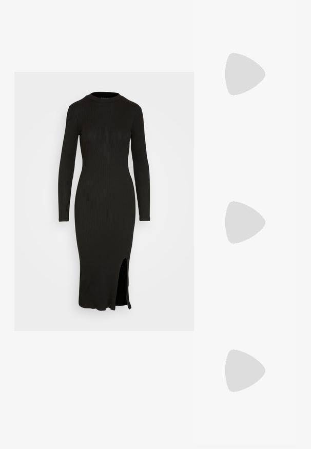 Robe noire en tricot côtelé avec des manches longues, un col haut et une fente sur le côté à l'ourlet. Design ajusté, texture lisse et longueur mi-mollet.; Botte noire montante en cuir lisse avec une semelle épaisse et un léger talon. Comprend des tirettes et des panneaux latéraux élastiques pour un enfilage facile.; Lunettes noires angulaires avec des verres gris ; fabriquées en plastique, avec des branches épaisses à la surface lisse et sans matériel visible.; Sac en nylon noir à l'épaule avec une forme incurvée, accent en chaîne argentée, pochette mini amovible et bandoulière ajustable ; présente le logo "Steve Madden".