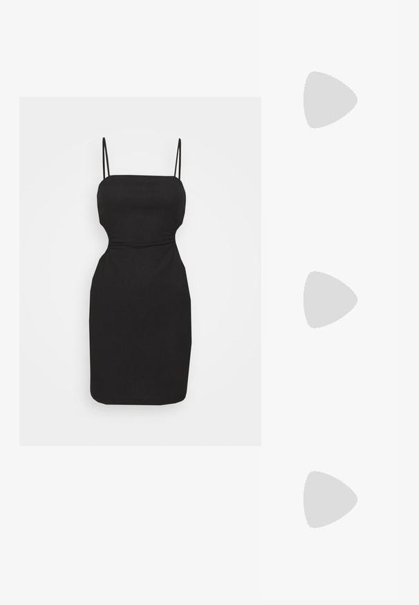 Even&Odd by Zalando STRAPPY OPEN WAIST BODYCON MINI DRESS (EO-SS23-C130-SP) / 802 - BLACK - Jerseyjurk - black; Zwarte hoge hakken sandalen met een open teen, dunne banden en een enkelsluiting. Gladde leren textuur met een puntige neus.; Zwarte handtas met een gladde leren bovenkant en een gestructureerde basis bedekt met zilveren studs, voorzien van een ritsluiting en dubbele handvatten.; Zilveren hoepel oorbellen met een minimalistisch ontwerp. Cirkelvormig, gladde textuur en dun profiel. Lichtgewicht met een gepolijste afwerking.