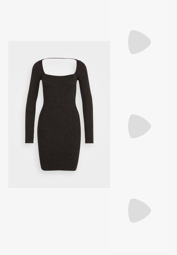 Sort, tætsiddende kjole med firkantet udskæring og lange ærmer. Lavet af ribbet tekstil, knælang med en elegant silhuet.; Fødder iført sølvfarvede højhælede sandaler med tynde stropper og firkantede tå, som står på en lys overflade.; ALDO FELISIA - Håndtasker - silver-coloured; Sølvøreringe med et kaskade-design, der har flere rækker af glitrende rhinsten, spidse toppe og delikate kædeaccentueringer.